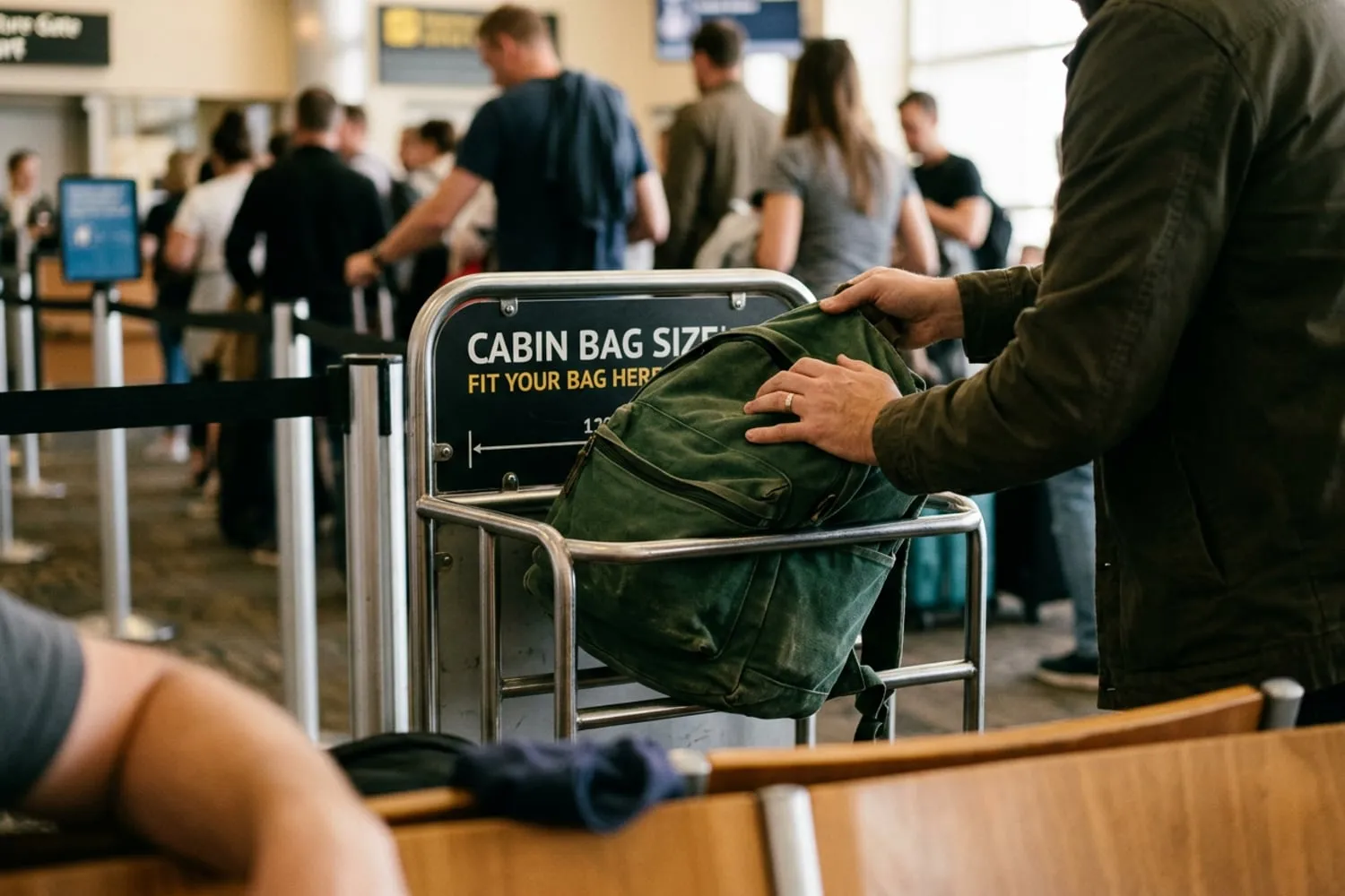 A soft canvas backpack being pushed down into a metal bag sizer at a departure gate, its front pocket bulging against the frame, a queue of passengers blurred behind