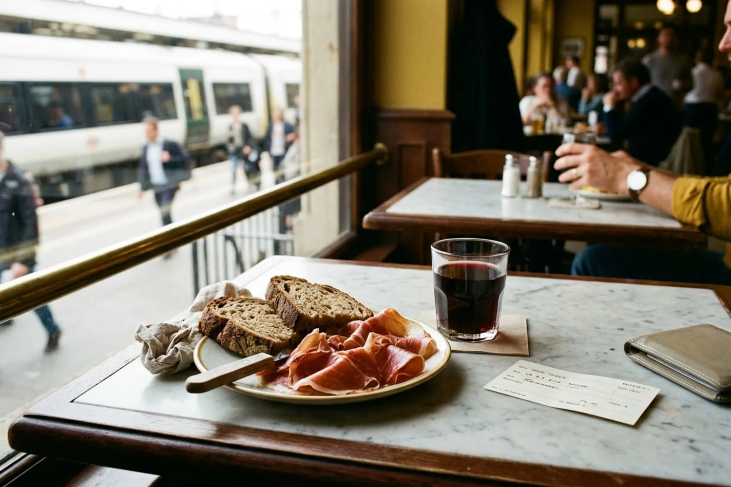 A window table in a railway station café at lunchtime: a plate of bread and cured ham, a glass of red wine and a plain paper rail ticket, a train blurred at the platform outside