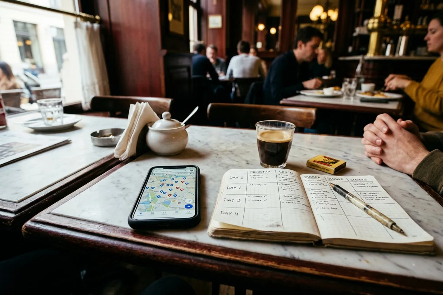 A phone on a café table showing a city map with saved places in two colours, beside a notebook grid of days and meals and a small glass of coffee