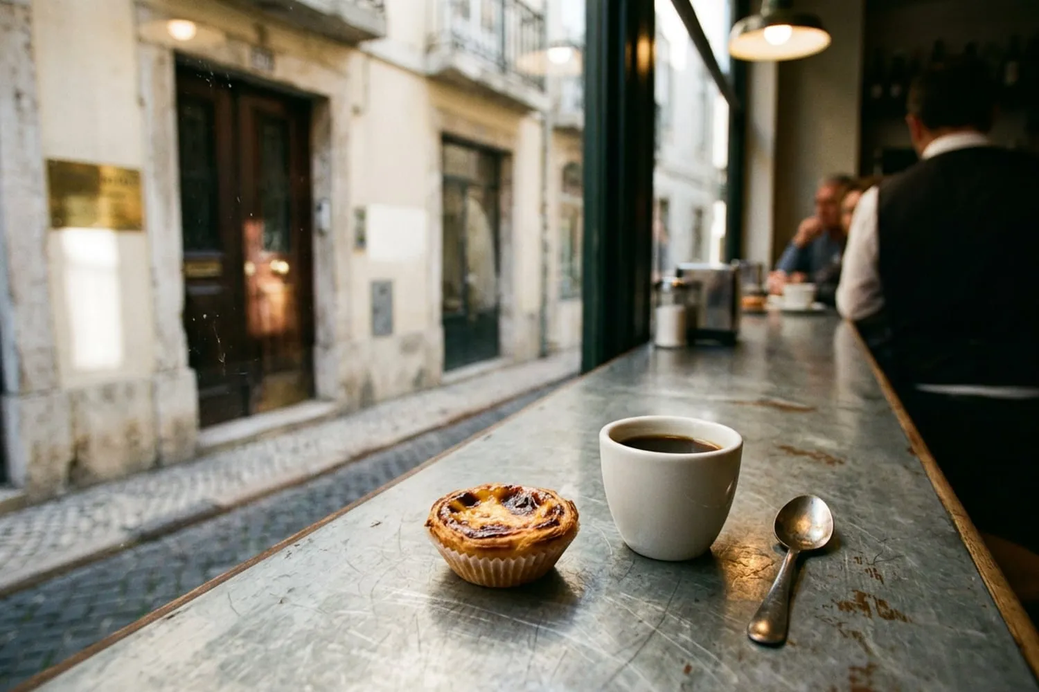 A small coffee and a custard tart on the zinc counter of a corner café in the morning, the front door of a small hotel with a brass plaque across the narrow street outside