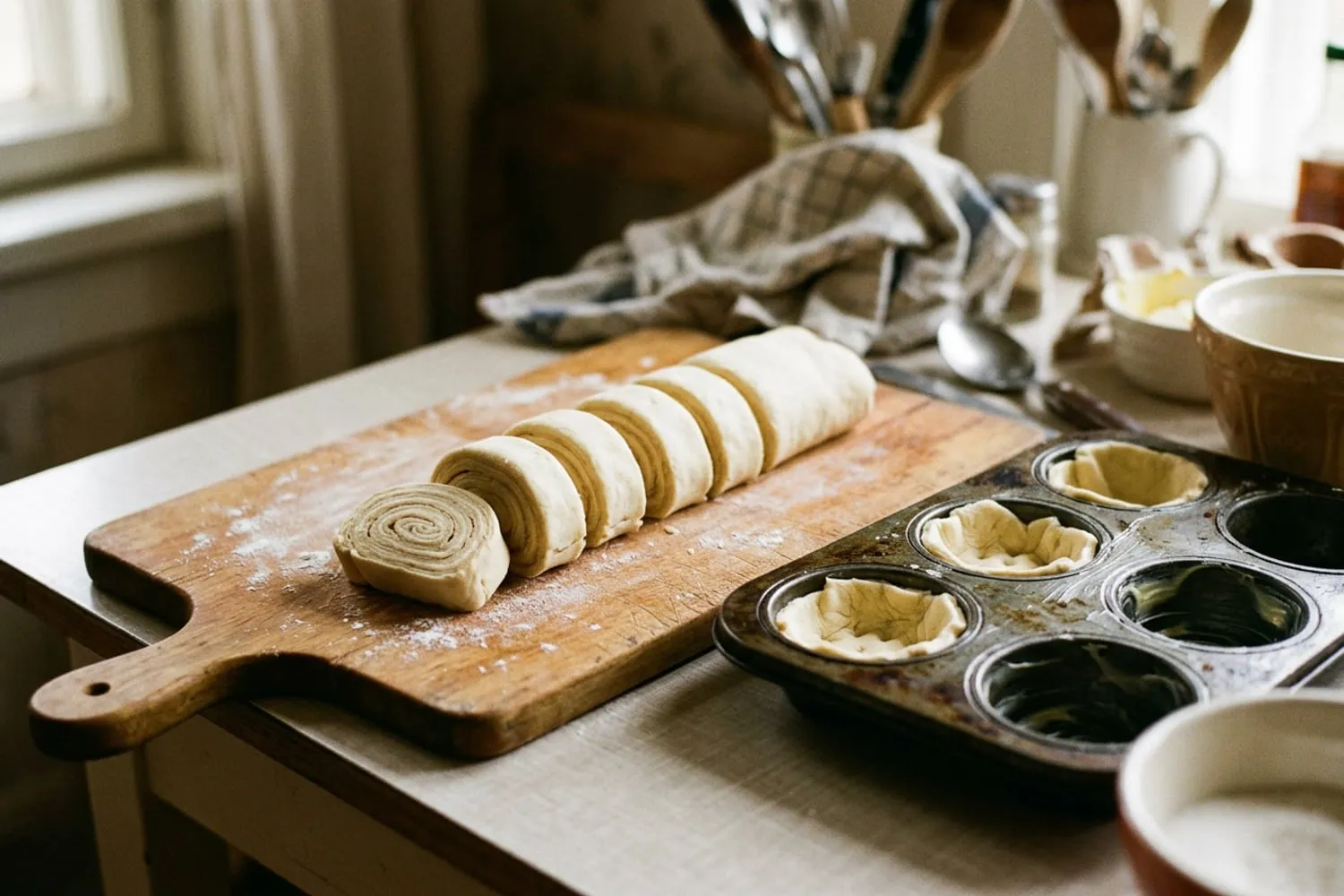 A log of rolled puff pastry cut into thick discs on a floured board, the spiral showing on each cut face, beside a buttered muffin tin with three holes already lined