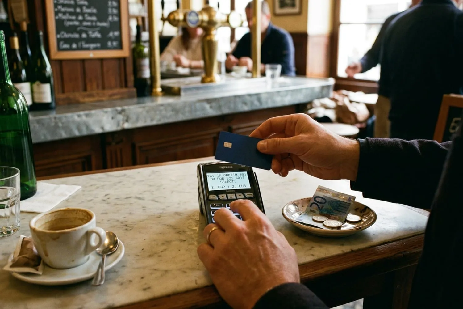 A hand holding a bank card over a card machine on a café table, the machine’s small screen lit and a saucer with a folded bill beside it
