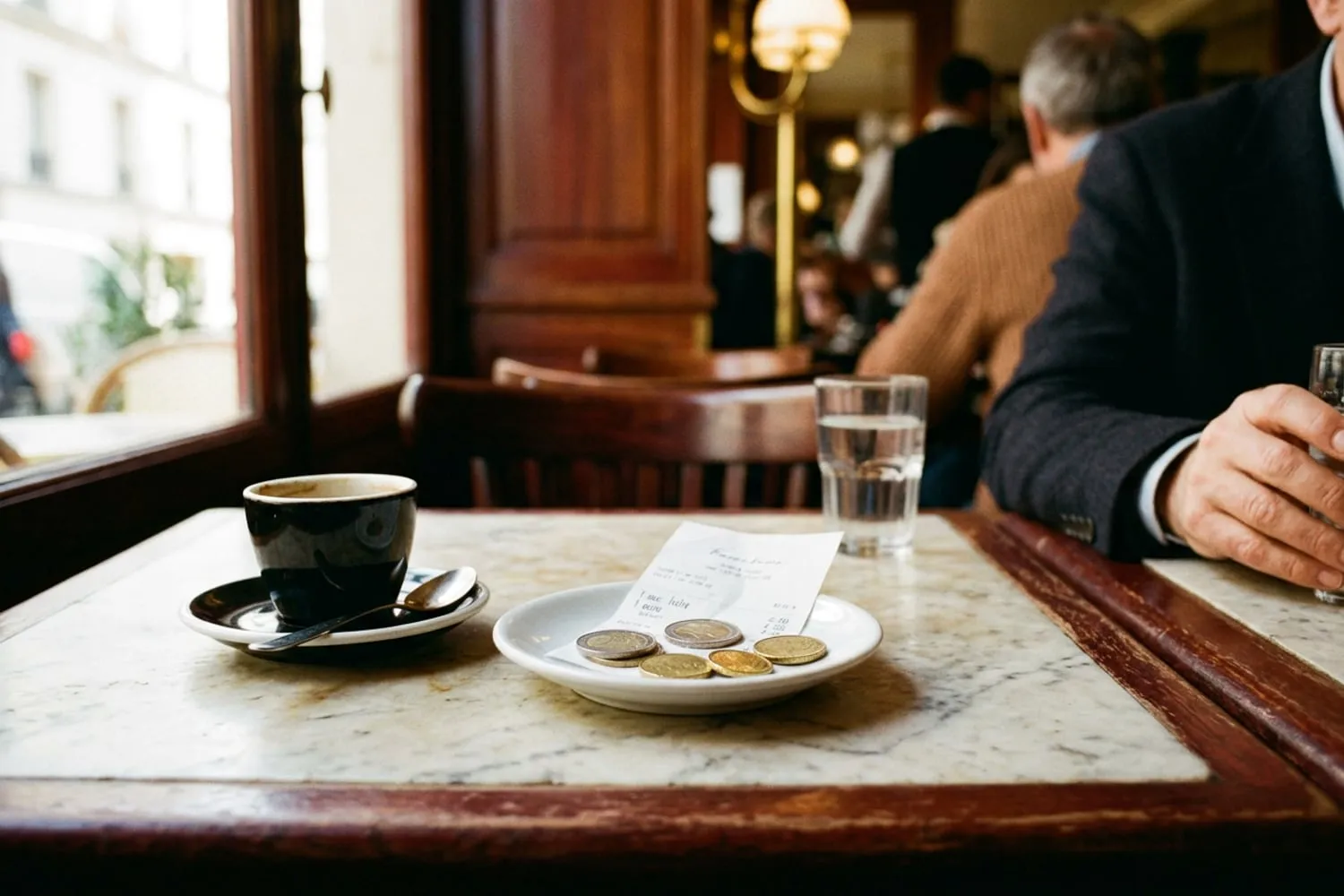 A small saucer on a café table holding a folded bill and a few euro coins, an empty espresso cup and a sugar spoon beside it