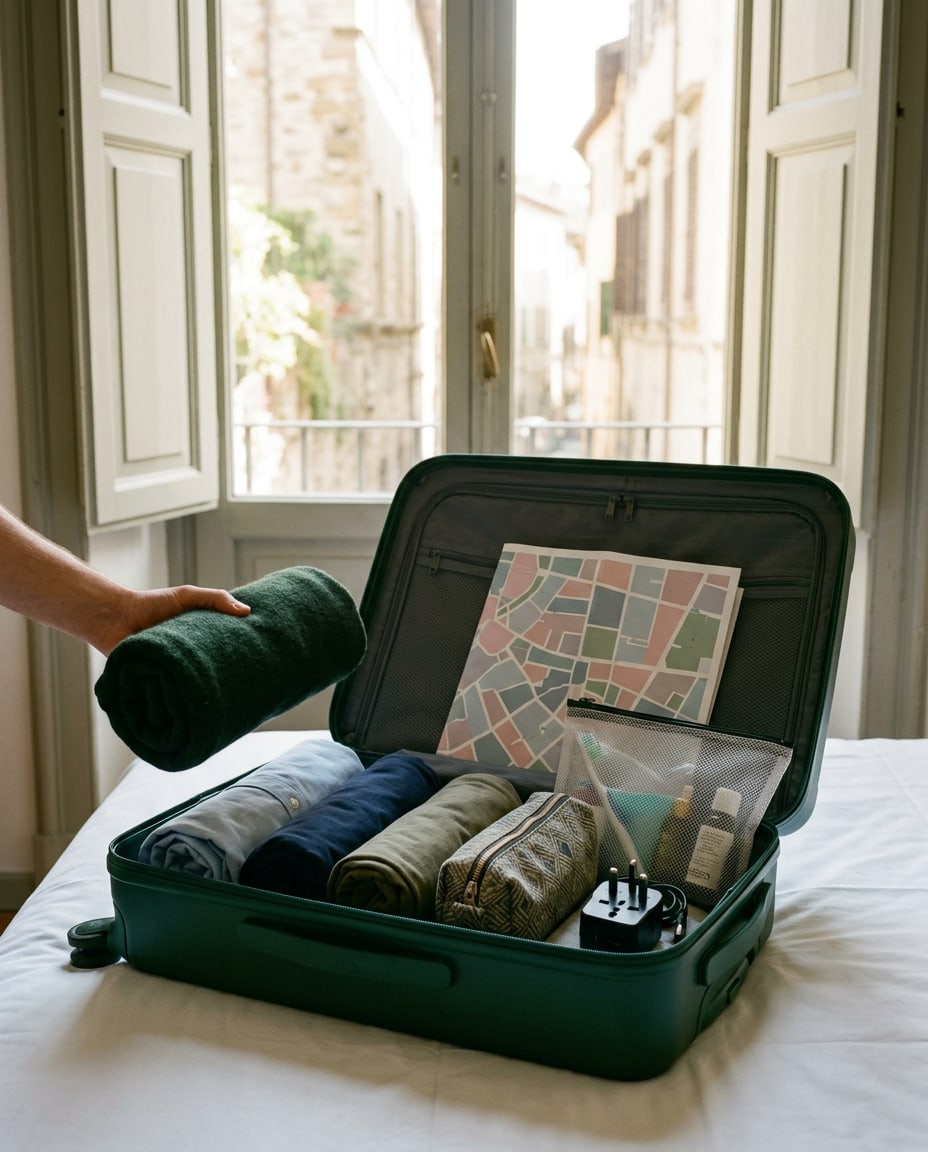 An open cabin suitcase being packed on a made hotel bed in the morning, rolled clothes, a pouch of chargers, a travel adapter and a folded map inside, the shutters open behind.