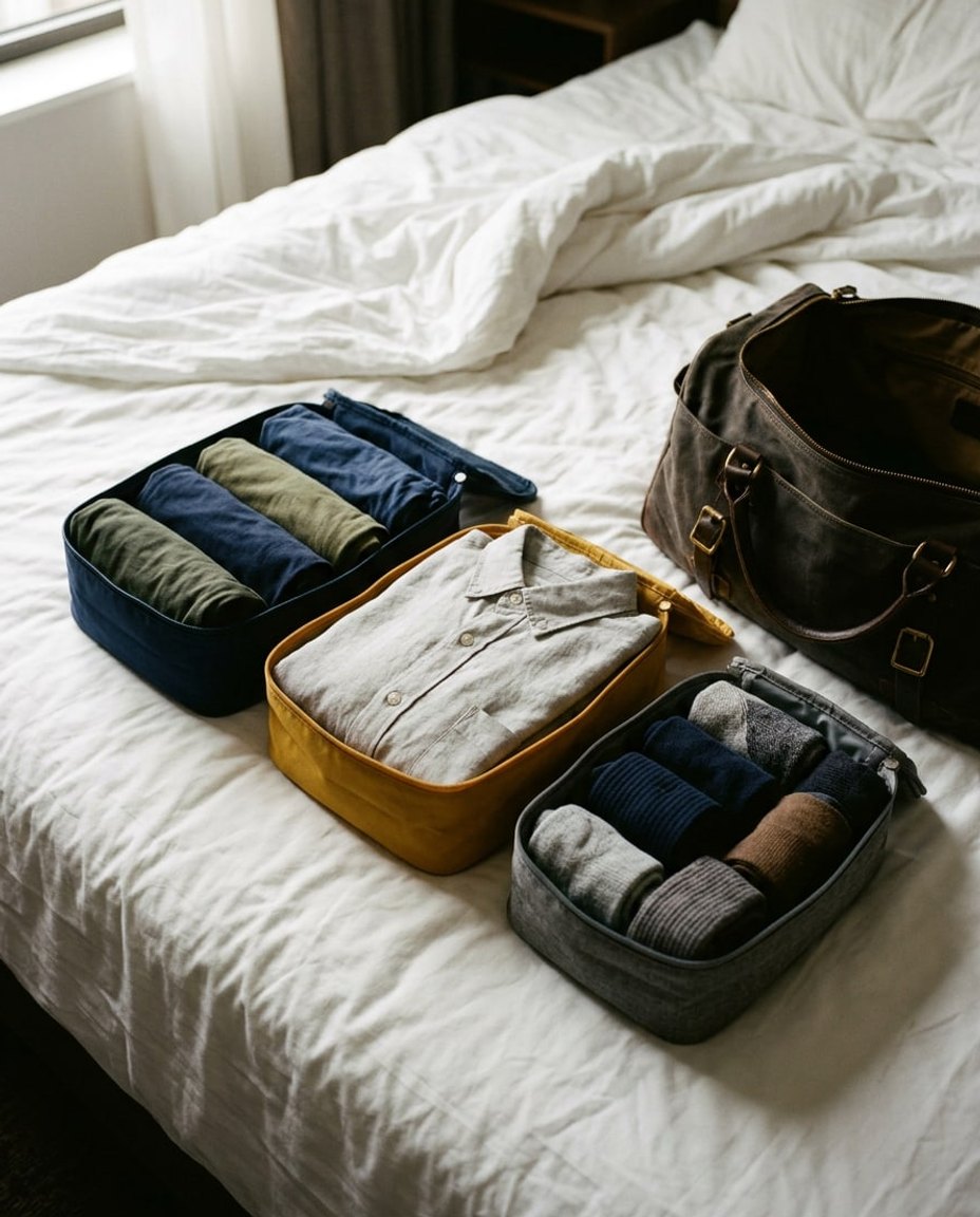 Packing cubes of rolled clothes and a folded linen shirt laid out on a hotel bed beside an open bag, morning light on the sheets.
