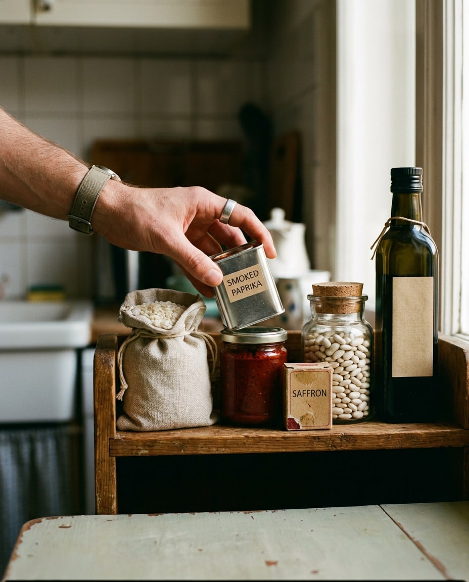 A kitchen shelf of jars and tins, paella rice in a cloth bag, a jar of harissa, smoked paprika, saffron and a glass jar of dried beans.