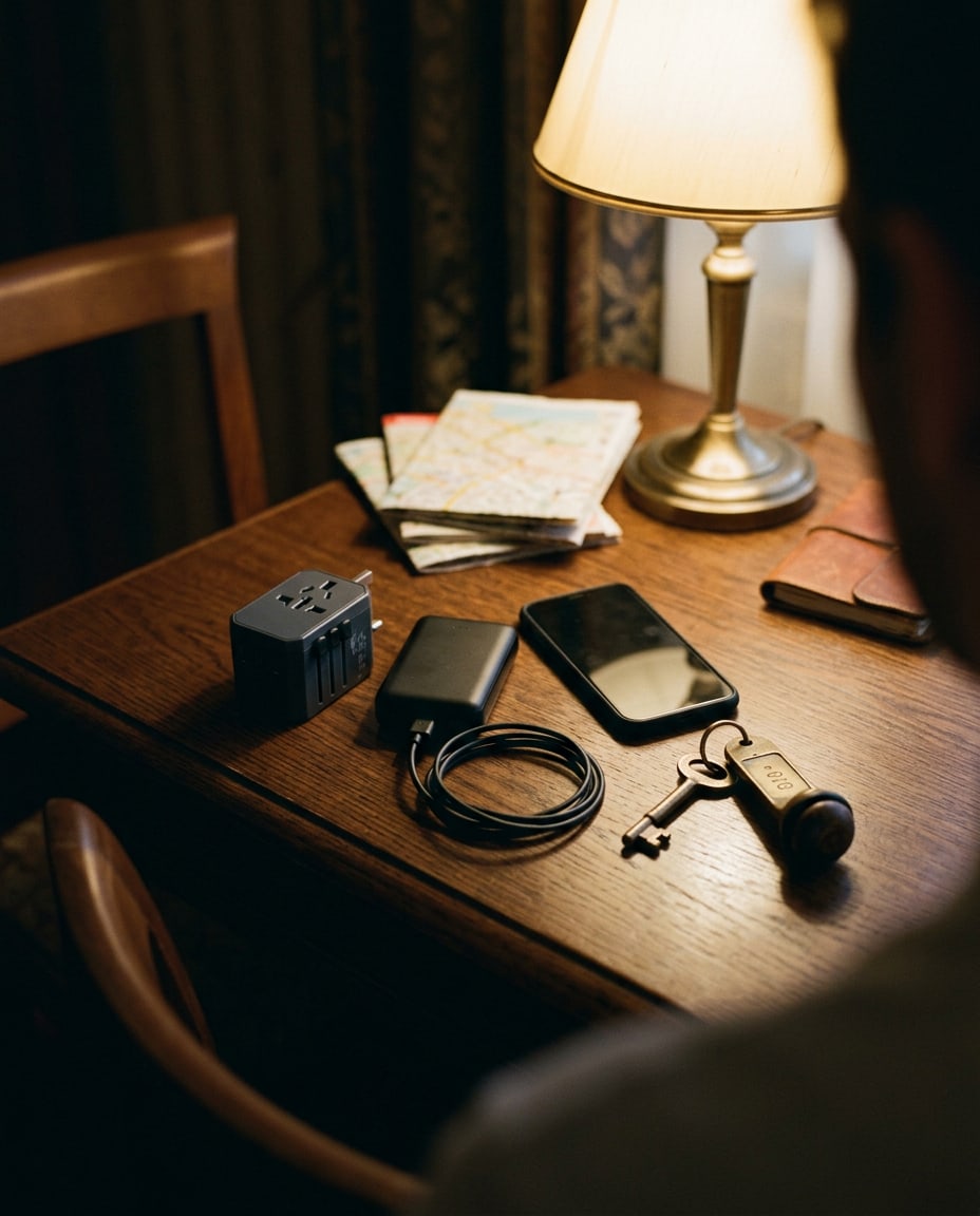 A travel adapter, a small power bank and a coiled charging cable beside a phone on a wooden hotel desk, a lamp glowing behind.