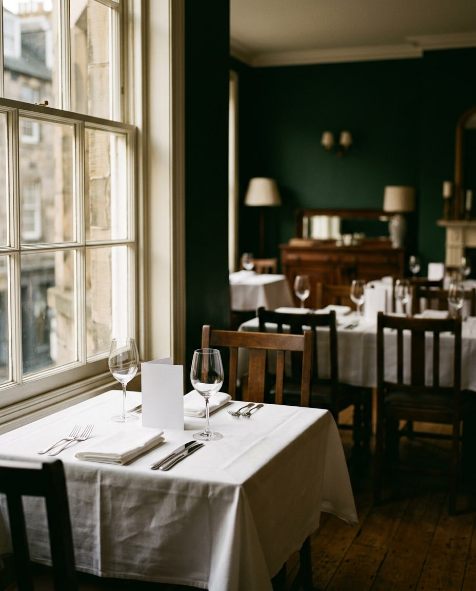 A table for two laid by a window in an empty dining room before service, a small folded reserved card standing between the glasses