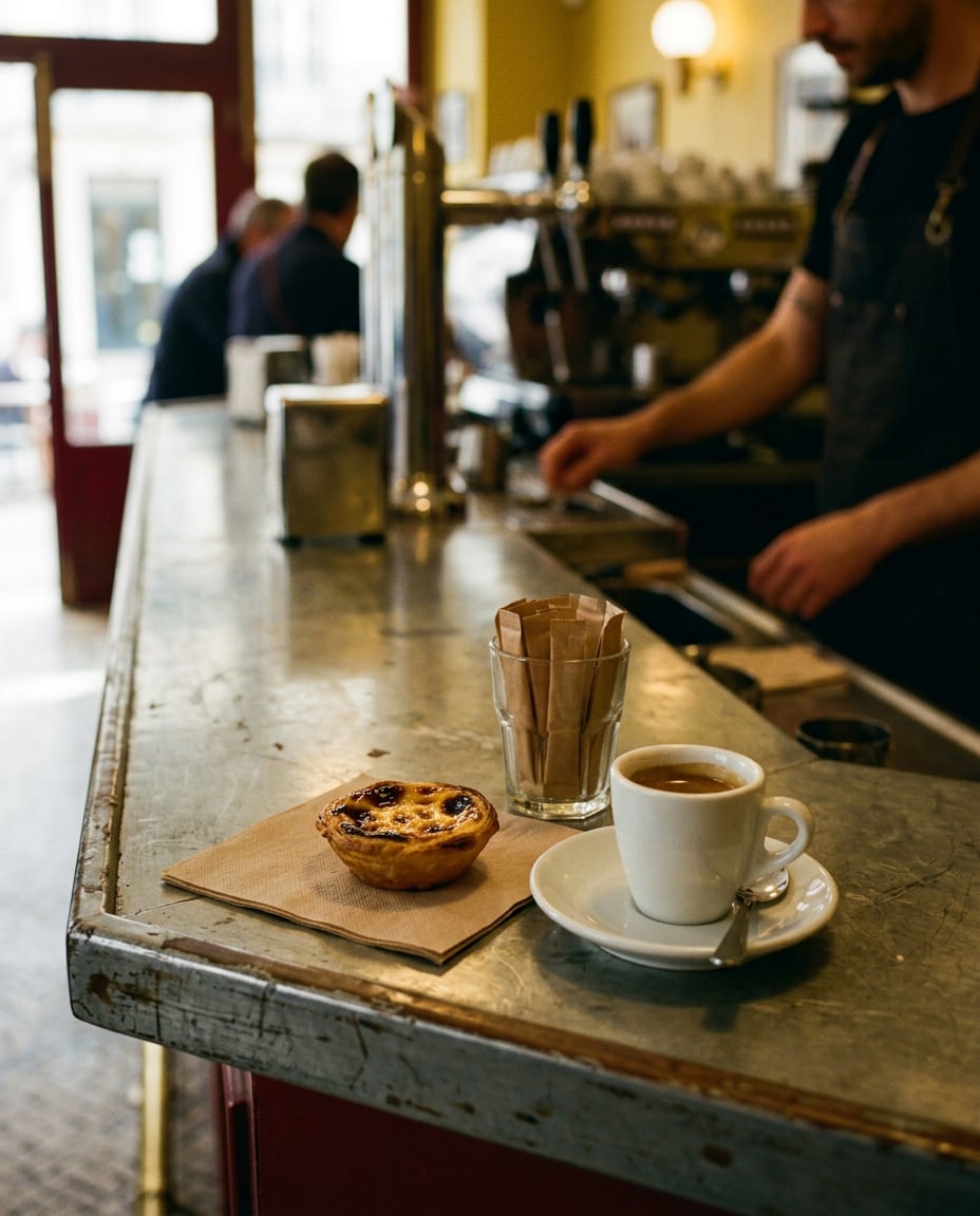 A small cup of espresso and a custard tart with a blistered, caramelised top on a zinc café counter, a glass of sugar sachets beside them