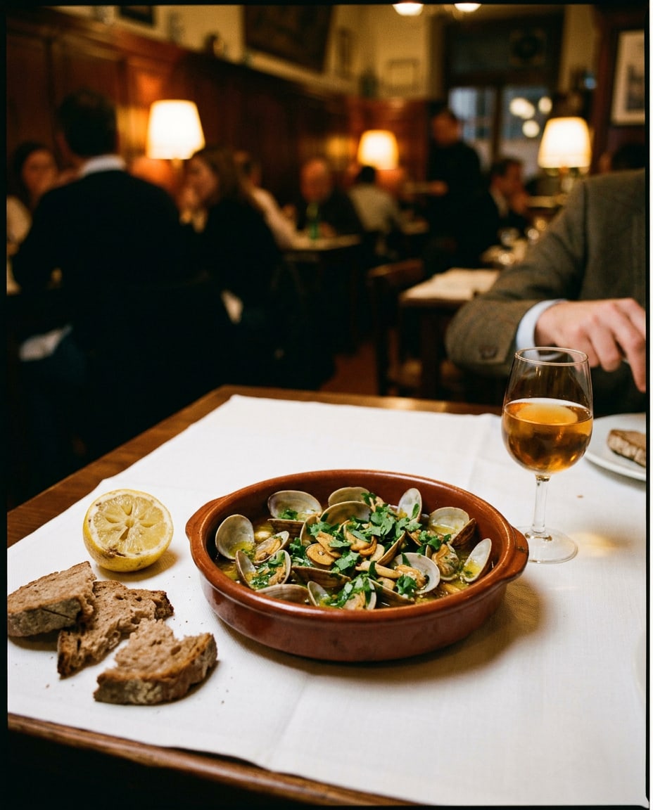 A shallow clay dish of clams in olive oil, garlic and chopped coriander, half a lemon and torn bread beside it