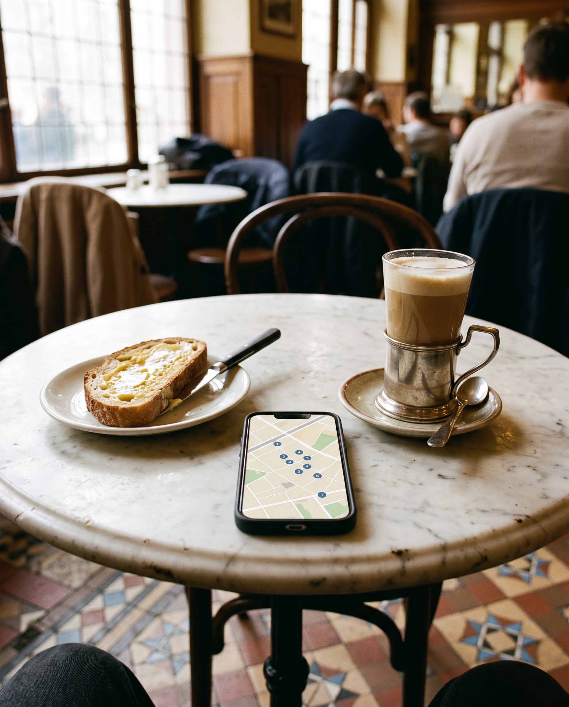 A phone on a marble café table showing a street map dotted with numbered stops, beside a glass of milky coffee and a plate of thick buttered toast