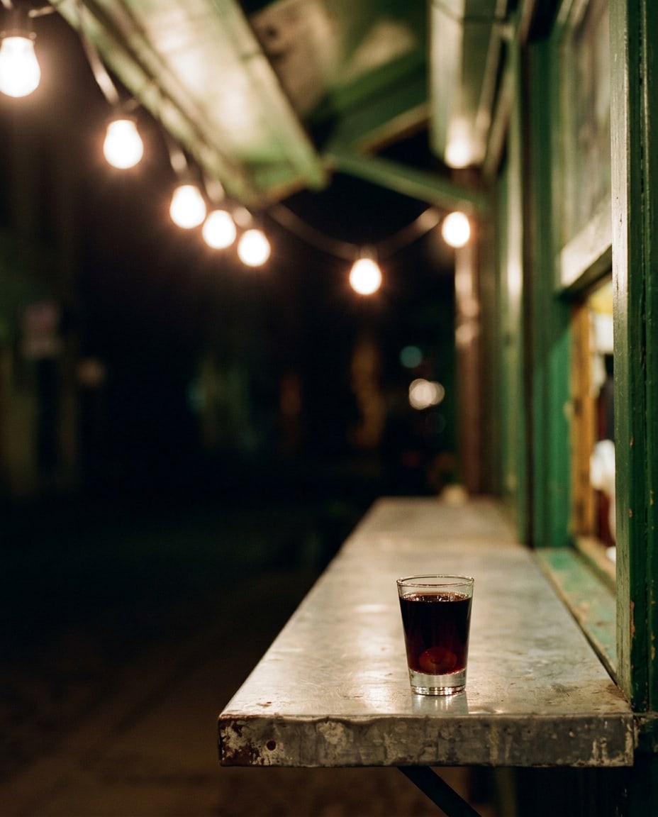 A small glass of dark red cherry liqueur on the zinc counter of a street kiosk at night, a string of bare bulbs blurred above it