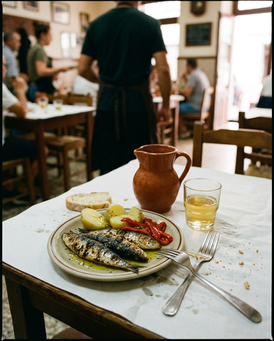 A plate of grilled sardines with boiled potatoes and roasted red peppers on a paper-covered tavern table, a jug of white wine beside it