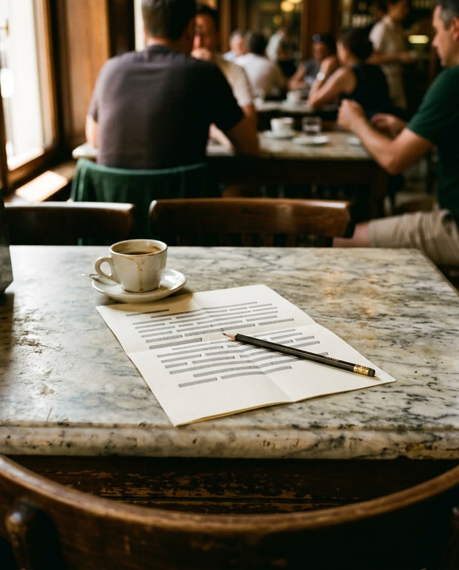 A single folded sheet of paper on a café table, its lines shown as solid grey bars, a pencil across it and a small coffee on one corner
