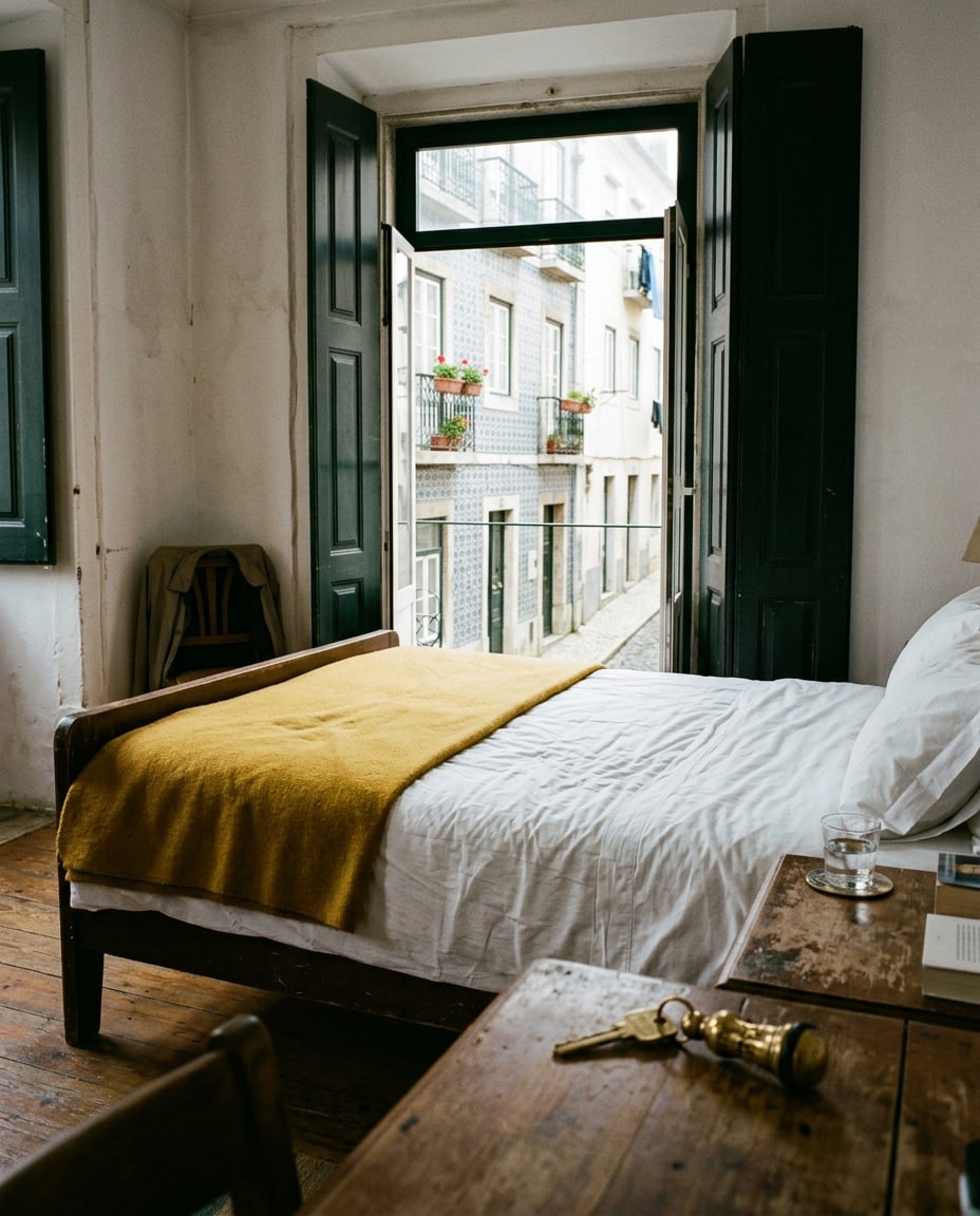 A made bed in a small hotel room, its tall wooden shutters open onto a narrow street of tiled house fronts