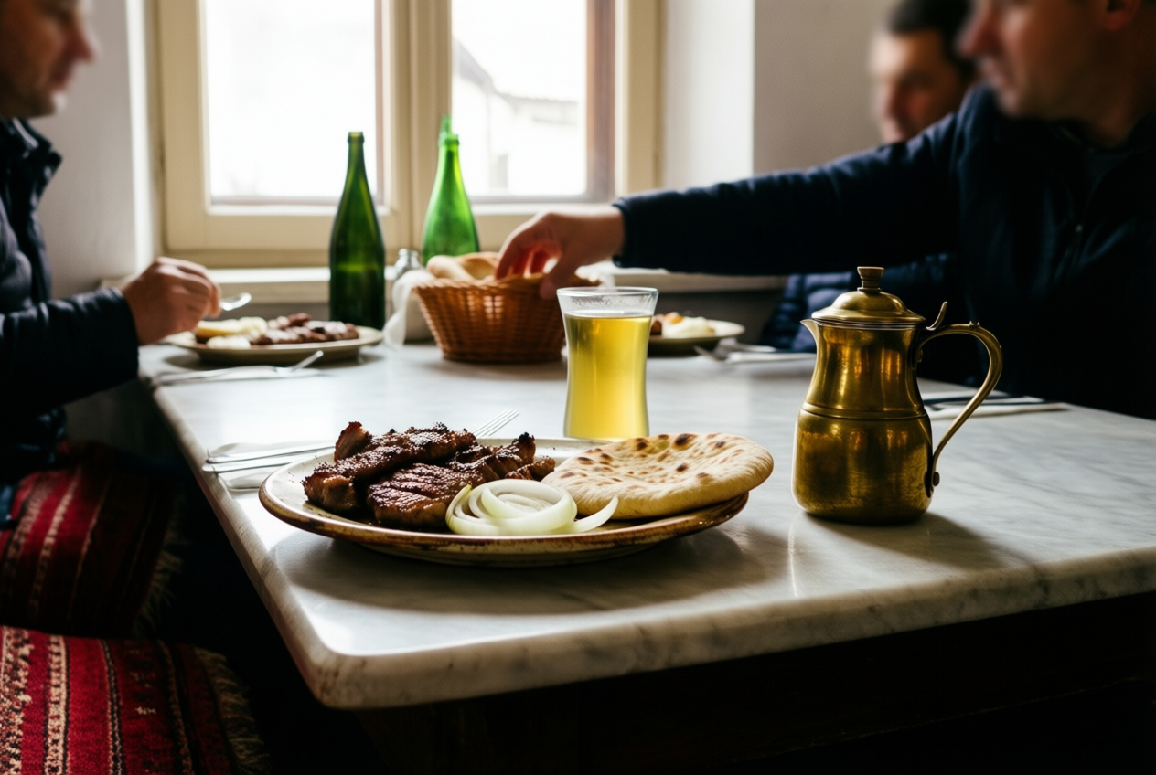 A candid view of a Balkan café table with grilled meat, flatbread, and tea under soft daylight.
