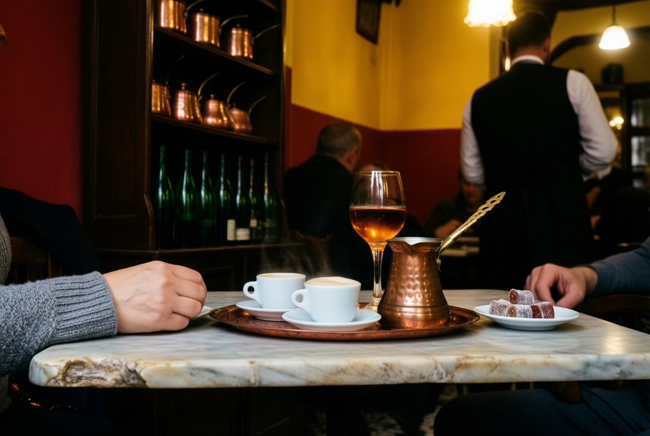 Brass džezva and rakija on a marble table in a warm Sarajevo café with copper shelves.