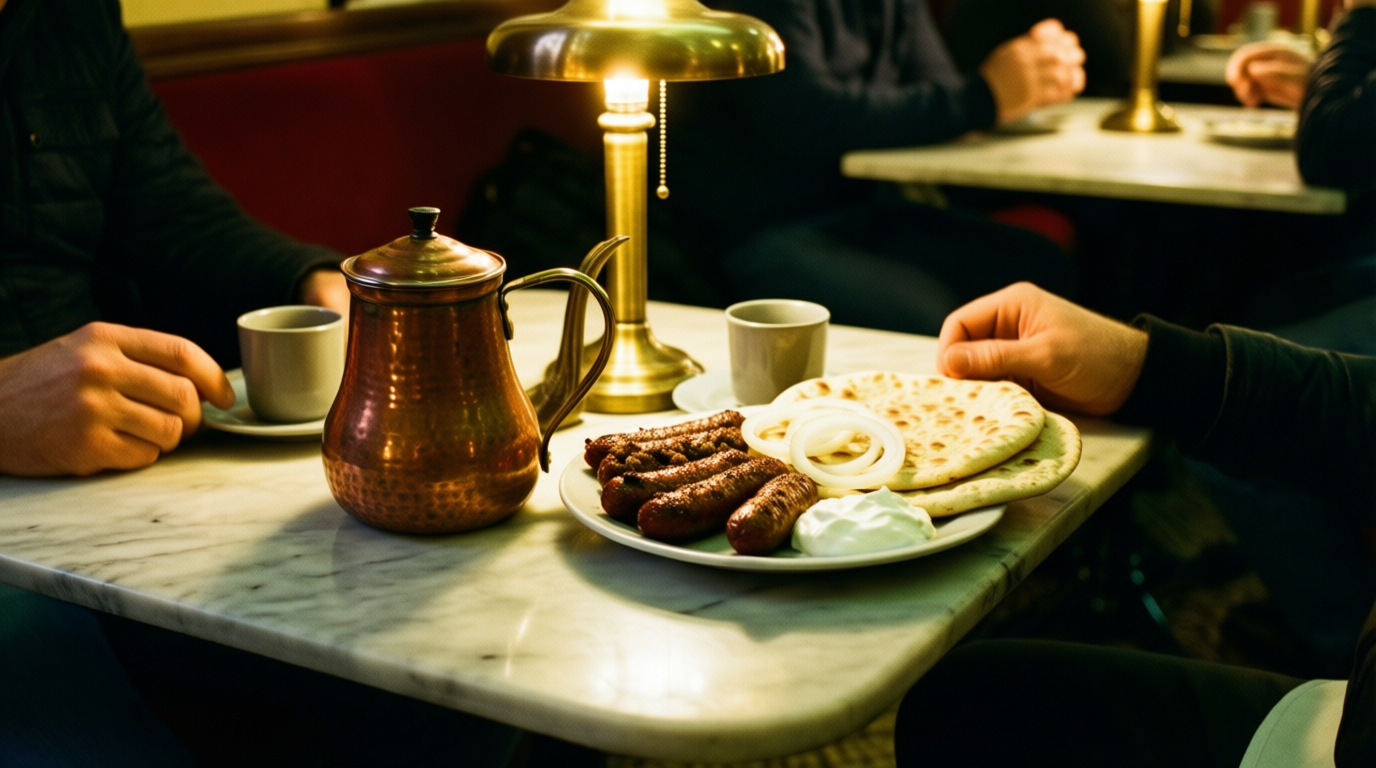 Hands rest near grilled sausages and coffee on a marble table in a warm, grainy Sarajevo café.