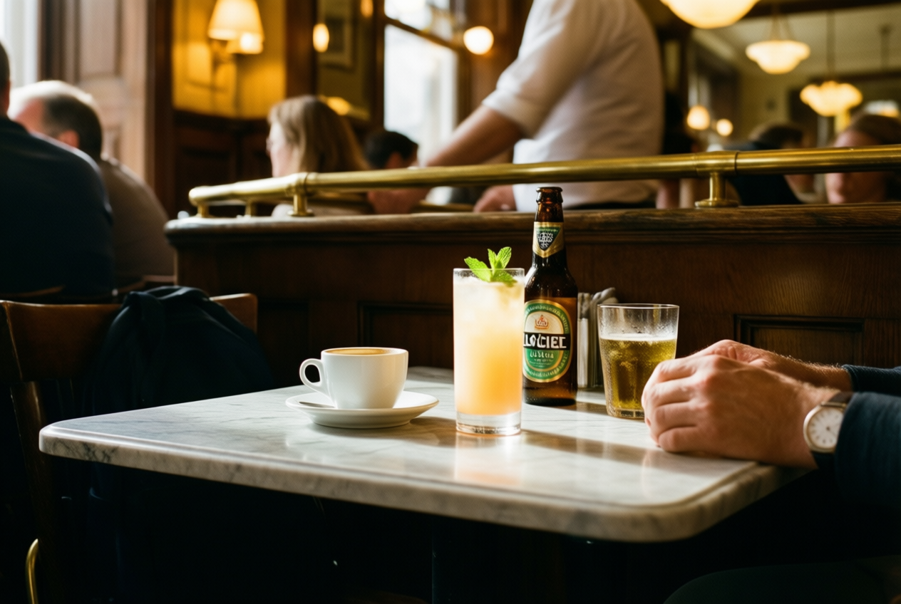 Coffee and cocktail on a marble table in a warm, grainy café with blurred guests.