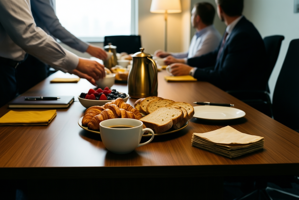 Catered breakfast on a wooden conference table with coffee, croissants, and berries as colleagues reach for items.