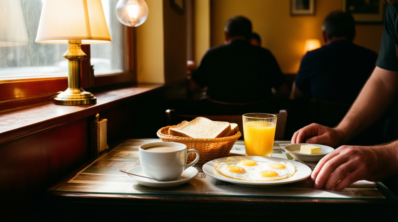 Breakfast table with coffee, juice, eggs and toast in a warm café.