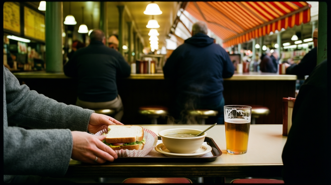 A documentary shot of a lunch counter with a tray holding a sandwich, soup, and beer in the foreground.