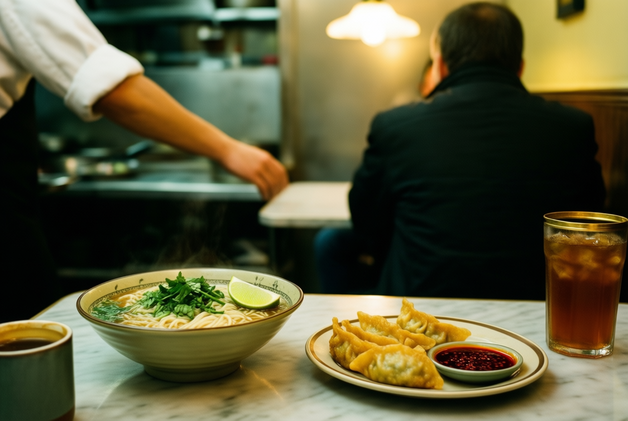 A view from a diner's seat shows steaming noodles and fried dumplings on a marble table, with a cook reaching for items in the warm, grainy background.