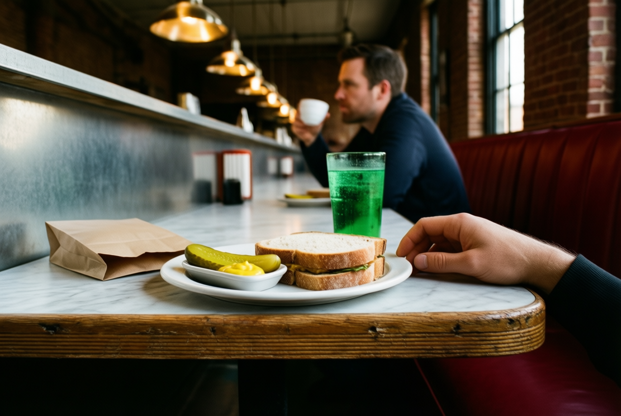 Hands at a zinc counter with a sandwich, pickles, and soda in a grainy, warm-lit brick warehouse café.