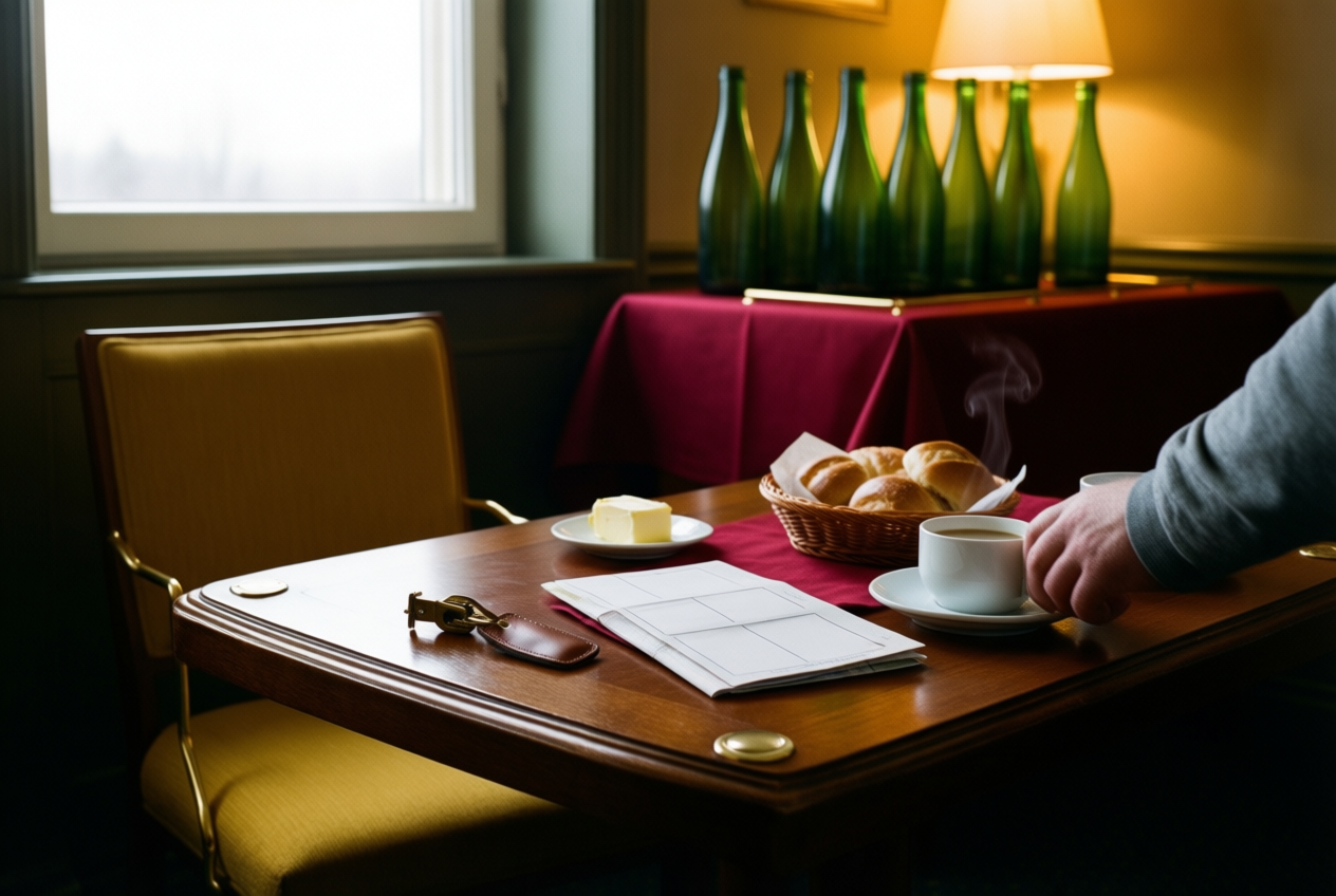 Brass key, coffee, and bread on a red tablecloth near a bright window in a cozy hotel breakfast room.