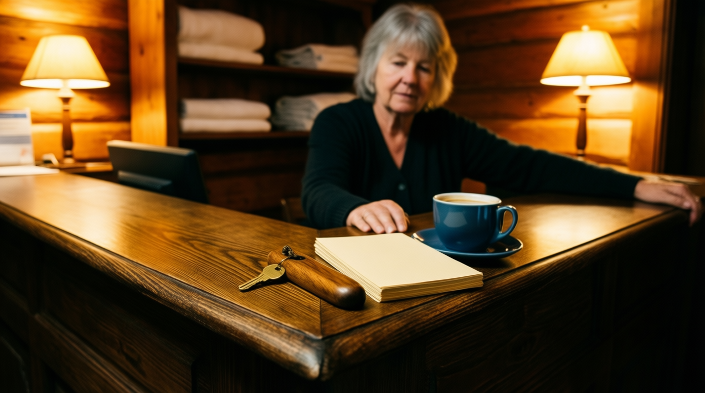 A brass key and coffee cup sit on a wooden reception desk while a hotelier stands behind it in a cozy alpine inn.