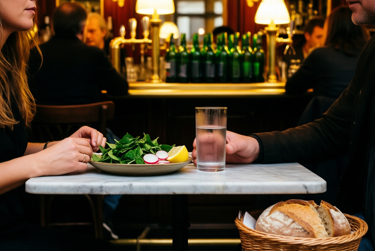 A couple shares a meal at an evening café, with fresh greens and bread on the marble table amidst warm lamplight.