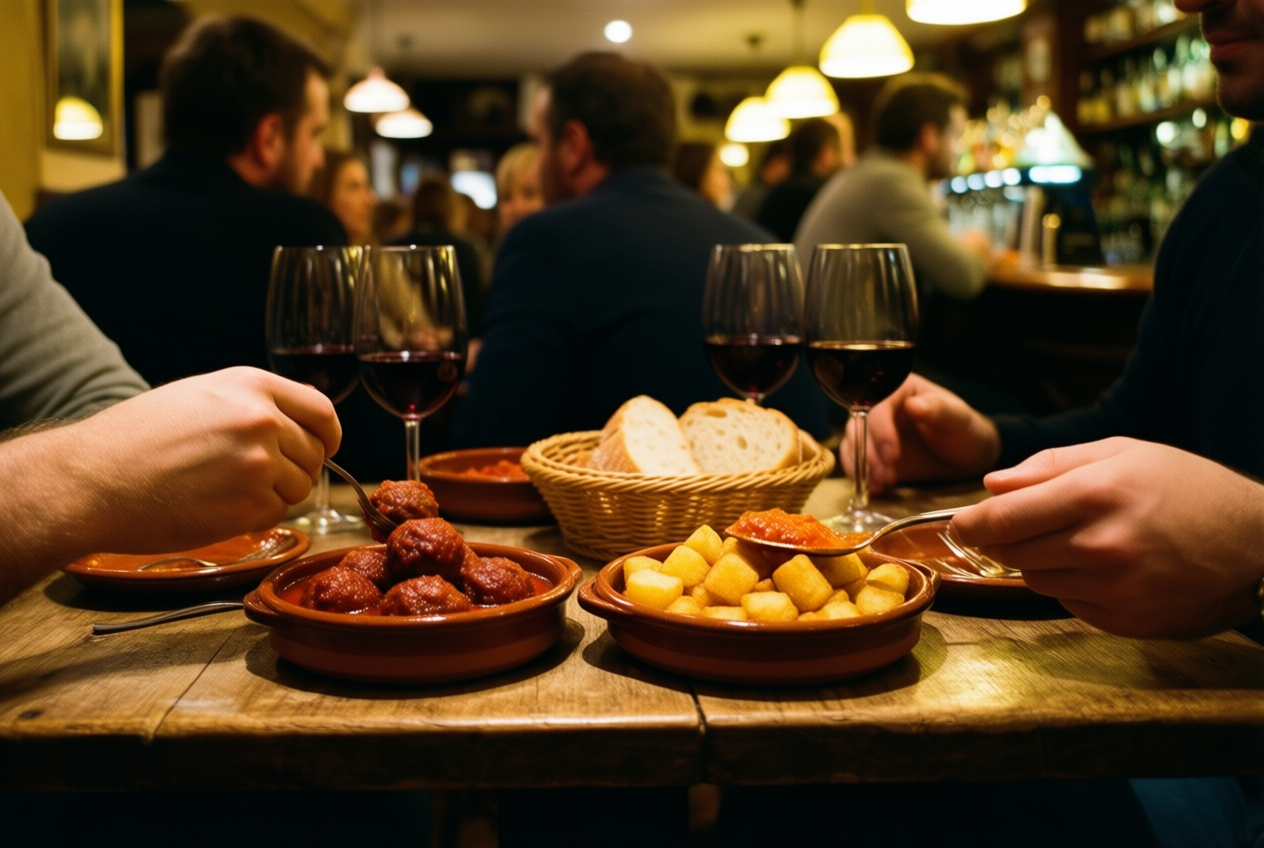 Friends share meatballs and wine at a busy tapas bar, their hands reaching across a wooden table in a warm, candid shot.