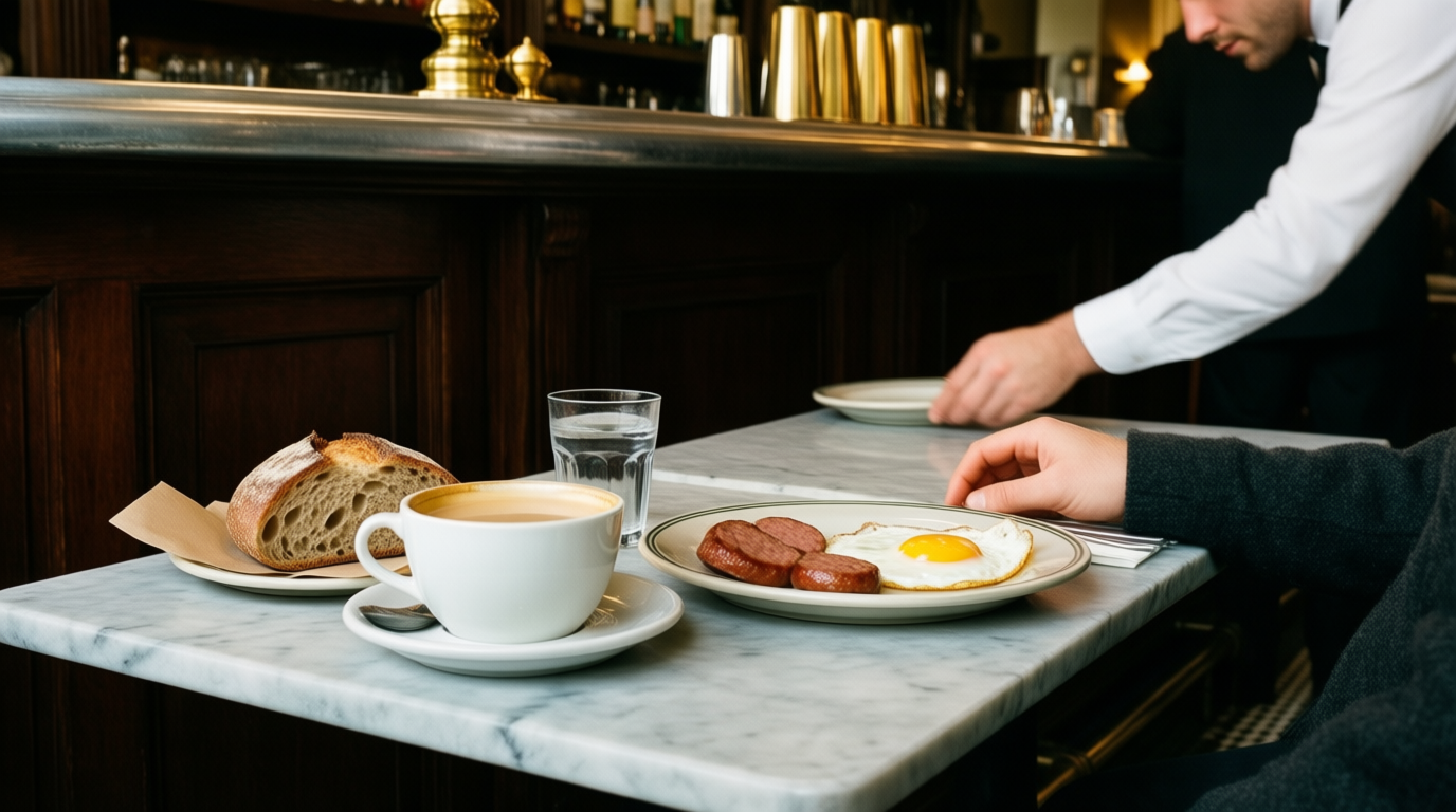 A marble cafe table holds coffee, bread, and eggs with a waiter serving in the background.