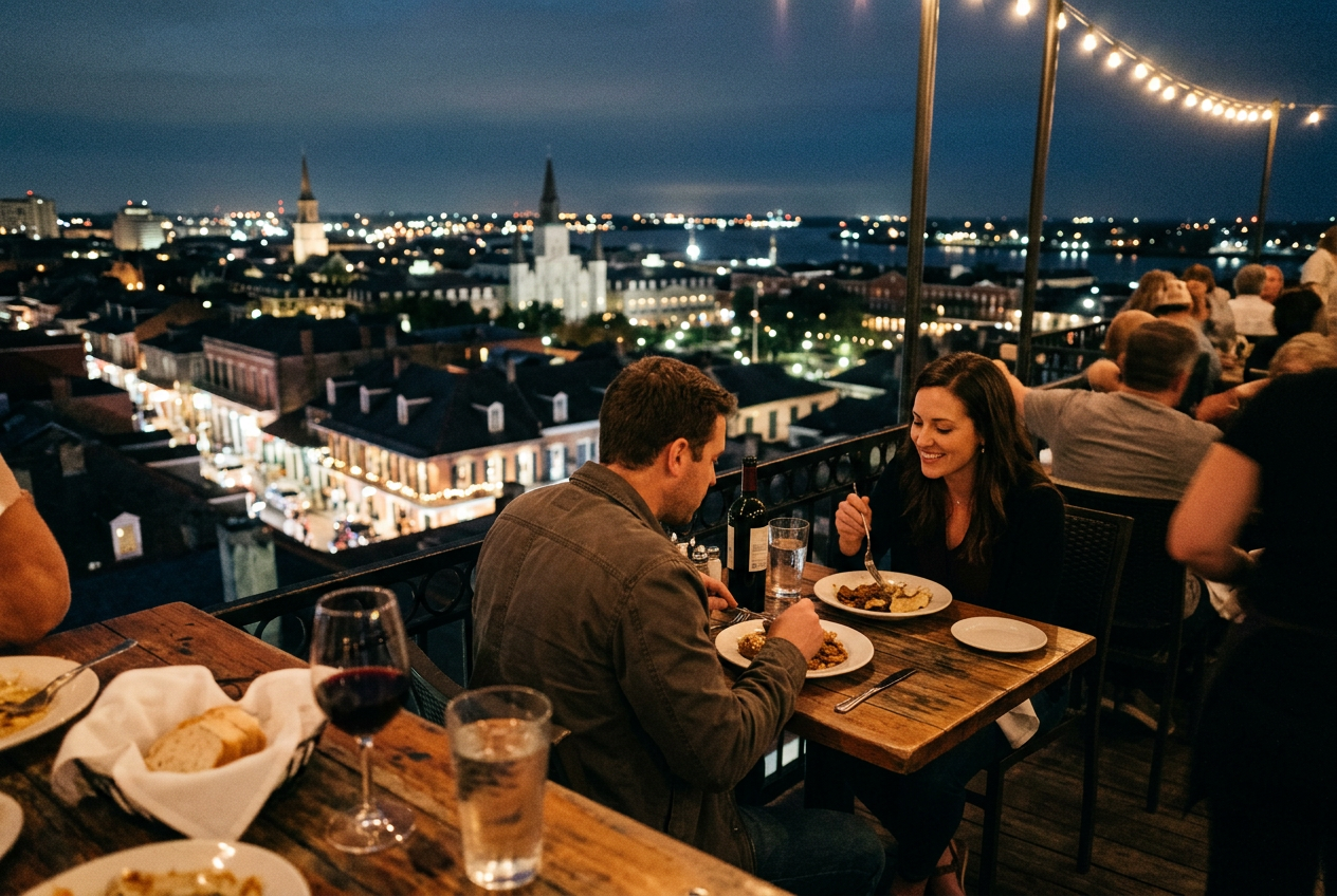 A couple dines at a rooftop restaurant overlooking New Orleans' French Quarter city lights.