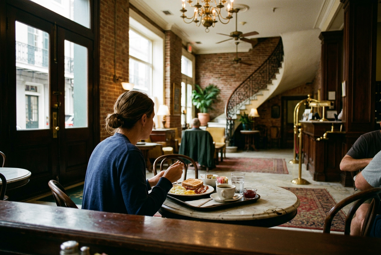 Solo diner eating breakfast in a hotel lobby, viewed over a table edge with warm, grainy film aesthetics.