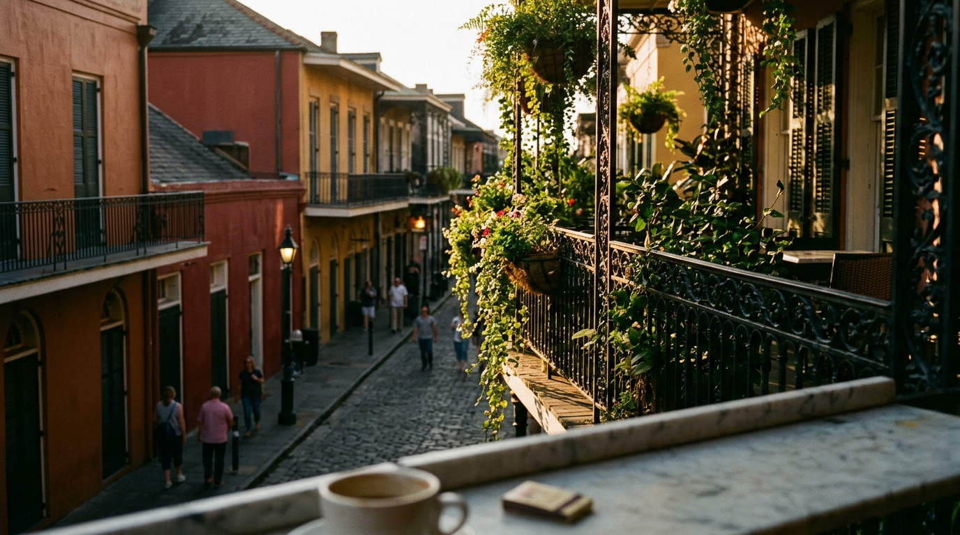 Wrought-iron balcony with green vines overlooks a cobblestone French Quarter street in golden light.