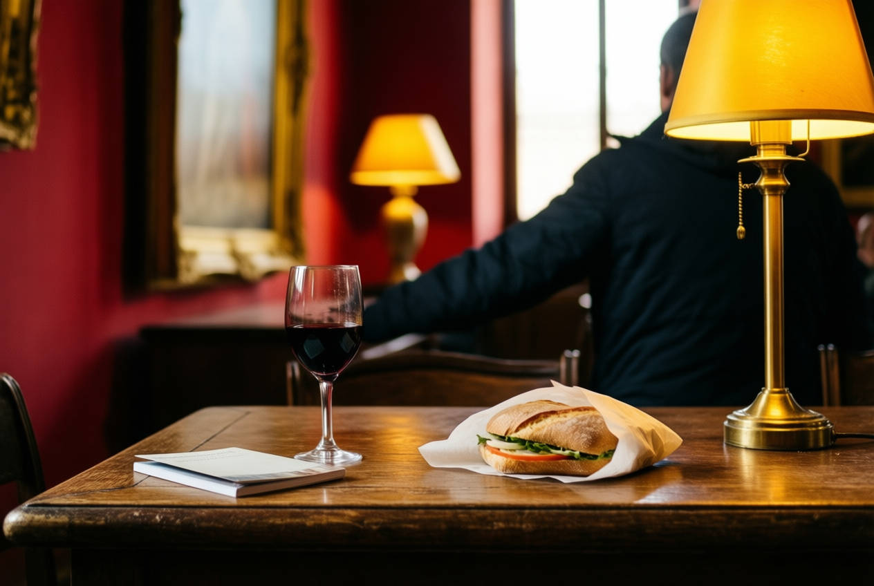 A glass of red wine and sandwich on a wooden table overlook a Roman palace gallery with deep red walls and gilded frames.