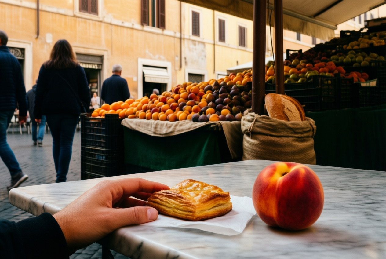 A hand rests a flaky pastry on a napkin beside a peach at a Roman market café, with produce stalls and shoppers in the background.
