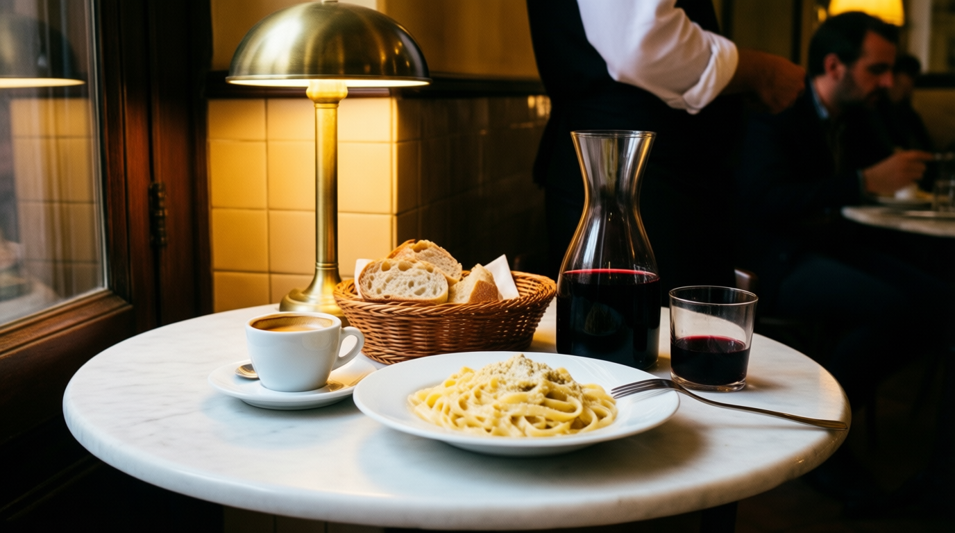 Espresso, cacio e pepe, bread and wine on a marble table in a warm Roman cafe with soft grain.