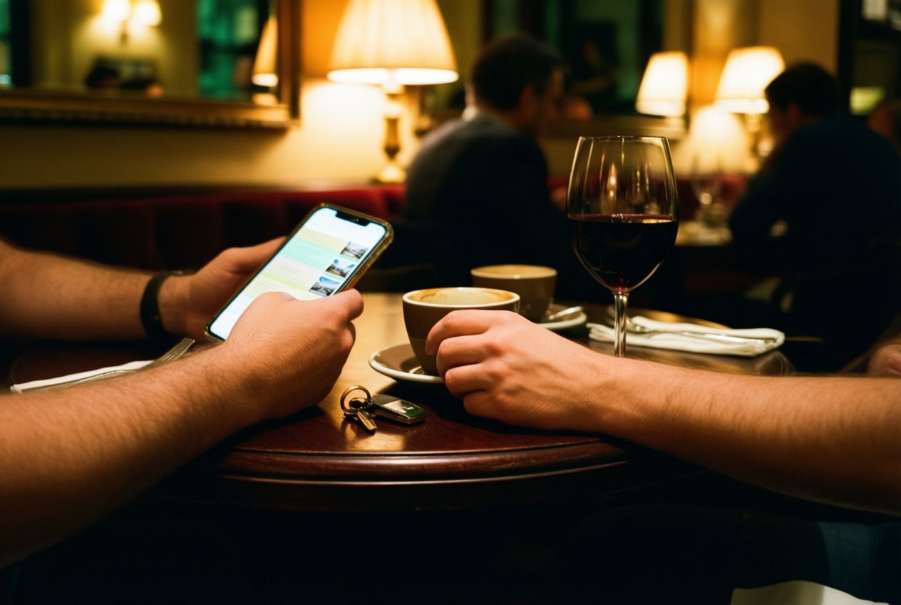 Two friends' hands rest on a dark wood café table, one holding a phone with a hotel listing, next to coffee, wine, and a key ring.