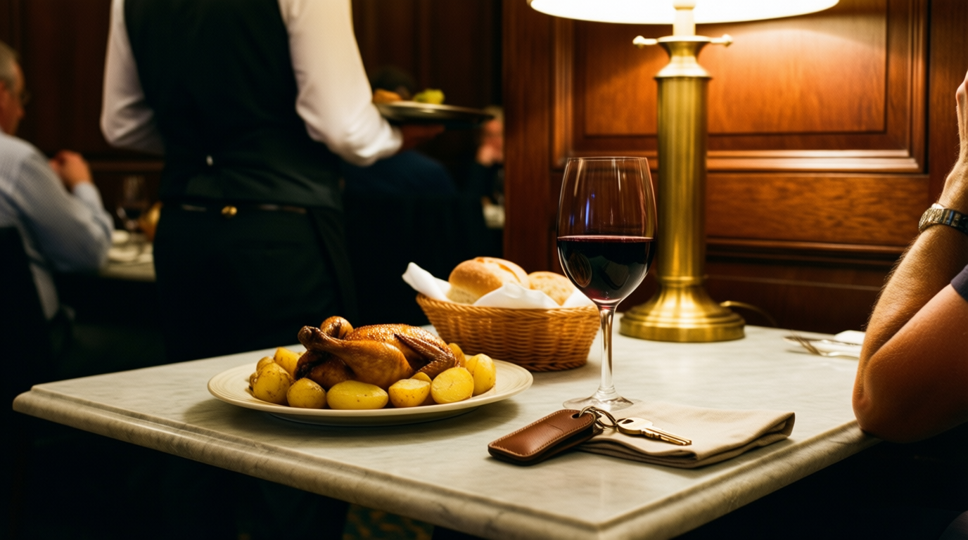 A table set with roasted chicken, wine, and bread in a dimly lit hotel restaurant, viewed from the marble edge.