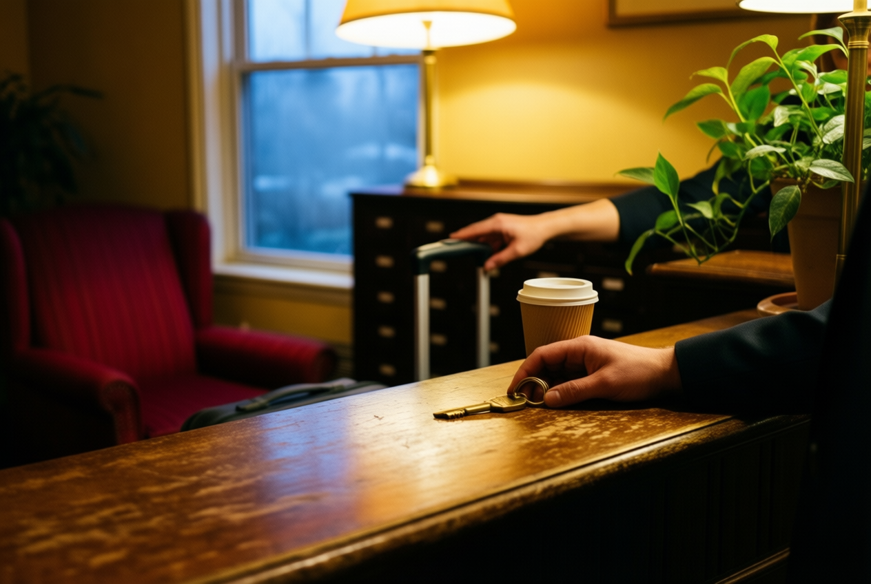Brass key and coffee cup on a worn desk in a dim hotel lobby at dawn.